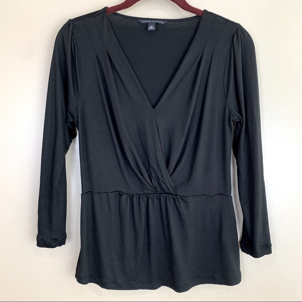 BANANA REPUBLIC Black Faux Wrap Crossover Front Ballet Top XS Casual Modest Y2K